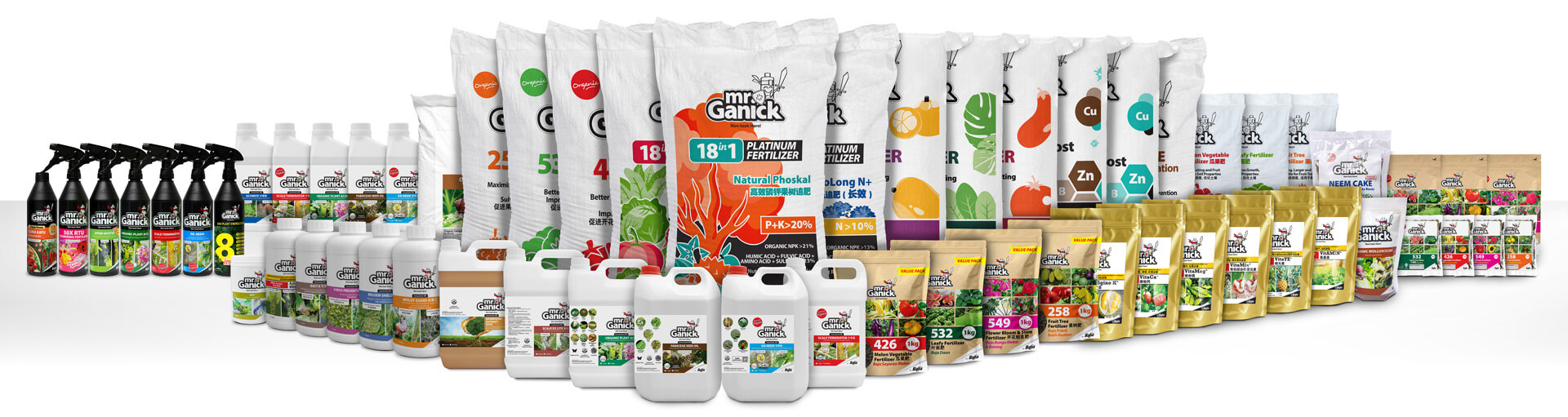 Mr Ganick organic fertilizer and organic pesticides full product range